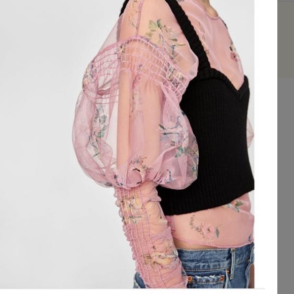 Zara printed floral sheer romantic love sleeve top - Picture 9 of 16